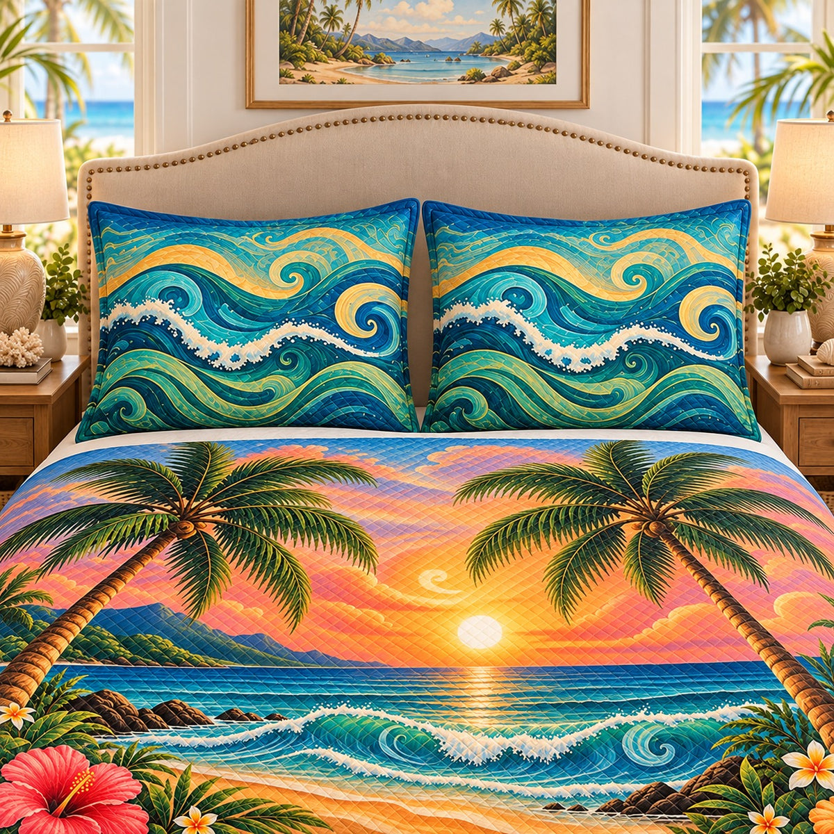 Palm tree beach sunset quilt set, view 2, AI-generated product mockup