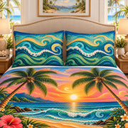 Palm tree beach sunset quilt set, view 2, AI-generated product mockup