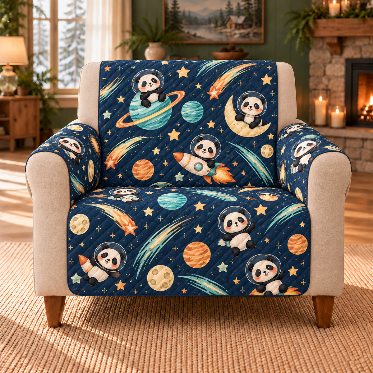 Panda Comet Trails sofa cover on a beige armchair