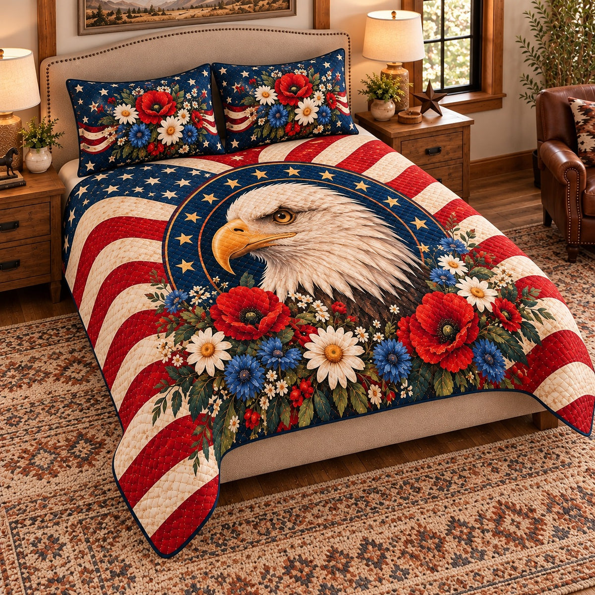 AI mockup, angled view of the patriotic bald eagle floral quilt set on a beige upholstered bed.