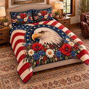 AI mockup, angled view of the patriotic bald eagle floral quilt set on a beige upholstered bed.