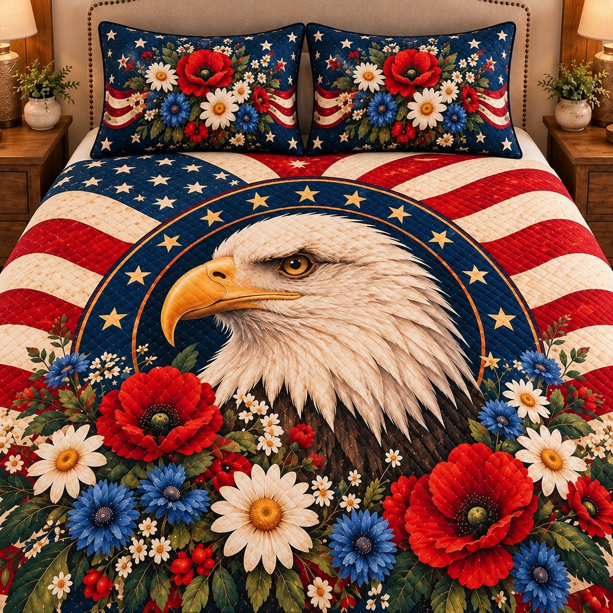 AI mockup, closer front view of the eagle, gold stars, flag stripes and diamond quilting.