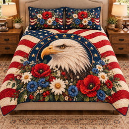 Patriotic Bald Eagle Quilt Set, American Flag Floral Bedding, Gift for Eagle Lovers