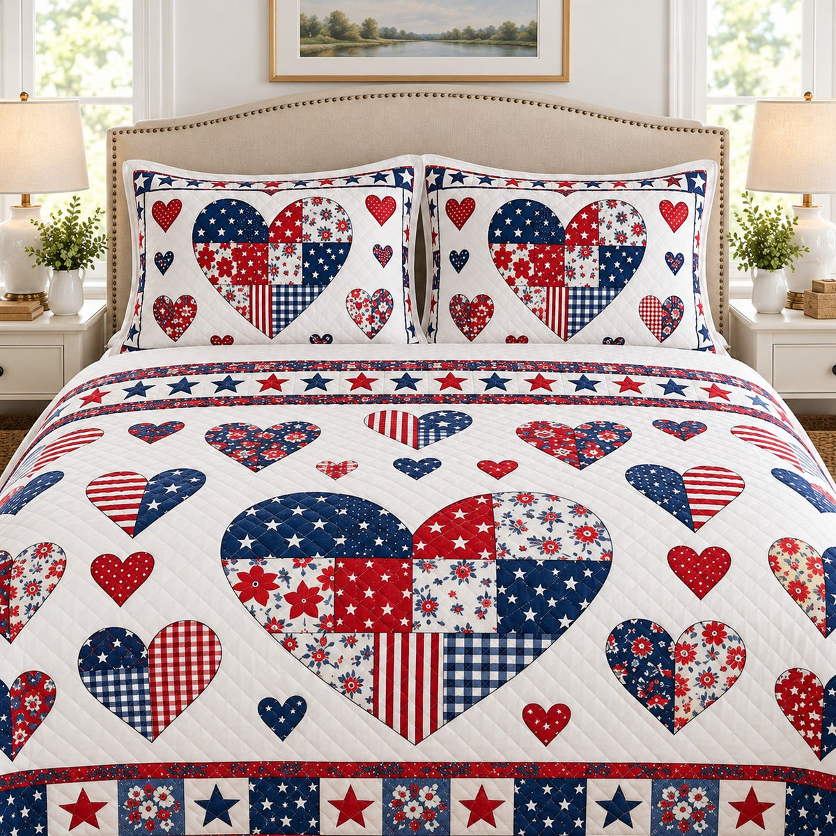 Patriotic patchwork heart quilt and matching pillow shams detail, AI-generated product mockup