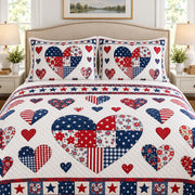 Patriotic patchwork heart quilt and matching pillow shams detail, AI-generated product mockup
