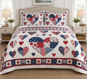 Patriotic patchwork heart quilt set front view, AI-generated product mockup