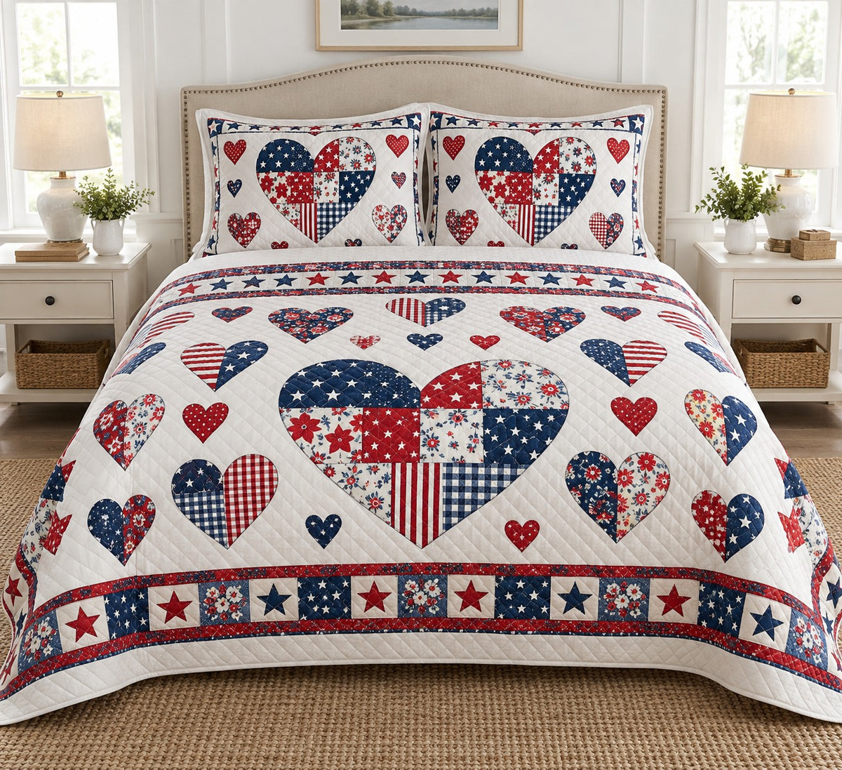 Patriotic patchwork heart quilt set front view, AI-generated product mockup