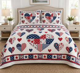 Patriotic Patchwork Heart Quilt Set, Americana Bedding Gift for USA Decor Fans