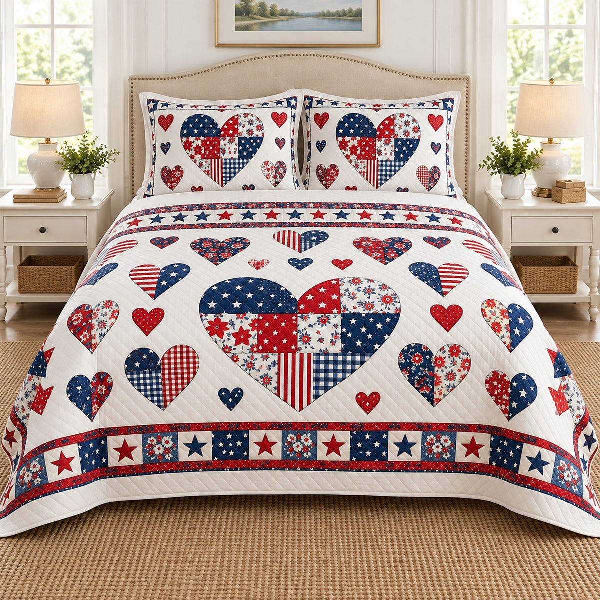 Patriotic red white and blue heart quilt set full bed view, AI-generated product mockup