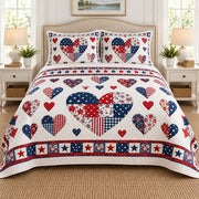 Patriotic red white and blue heart quilt set full bed view, AI-generated product mockup