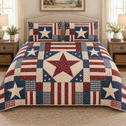 Patriotic red white and blue star patchwork quilt set, view 1, AI-generated product mockup