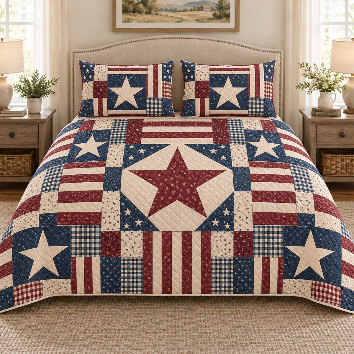 Patriotic red white and blue star patchwork quilt set, view 1, AI-generated product mockup