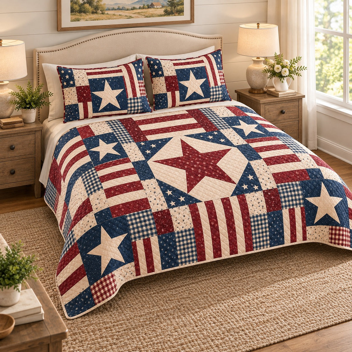 Patriotic red white and blue star patchwork quilt set, view 2, AI-generated product mockup