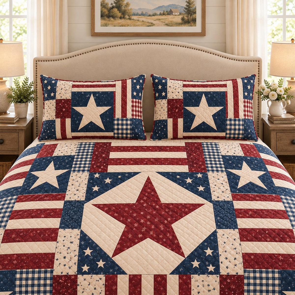 Patriotic red white and blue star patchwork quilt set, view 3, AI-generated product mockup