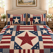 Patriotic red white and blue star patchwork quilt set, view 3, AI-generated product mockup