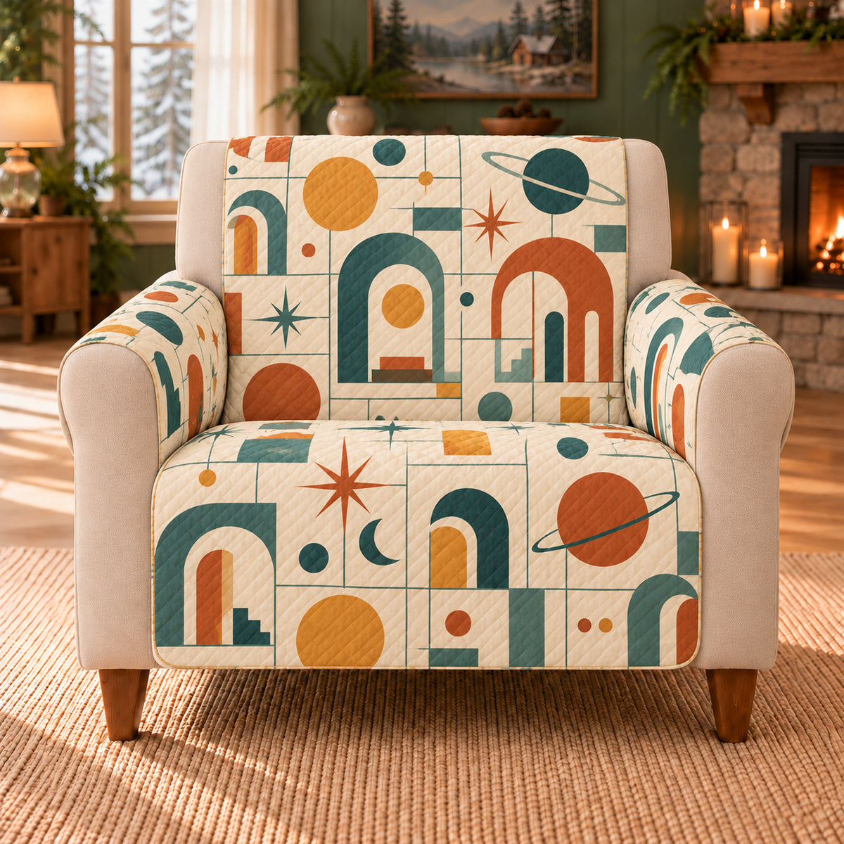 Pavilion Space Grid sofa cover on a beige armchair