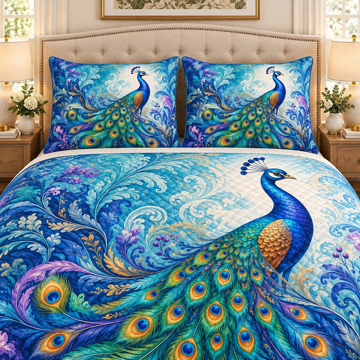 Blue peacock feather quilt set, view 2, AI-generated product mockup