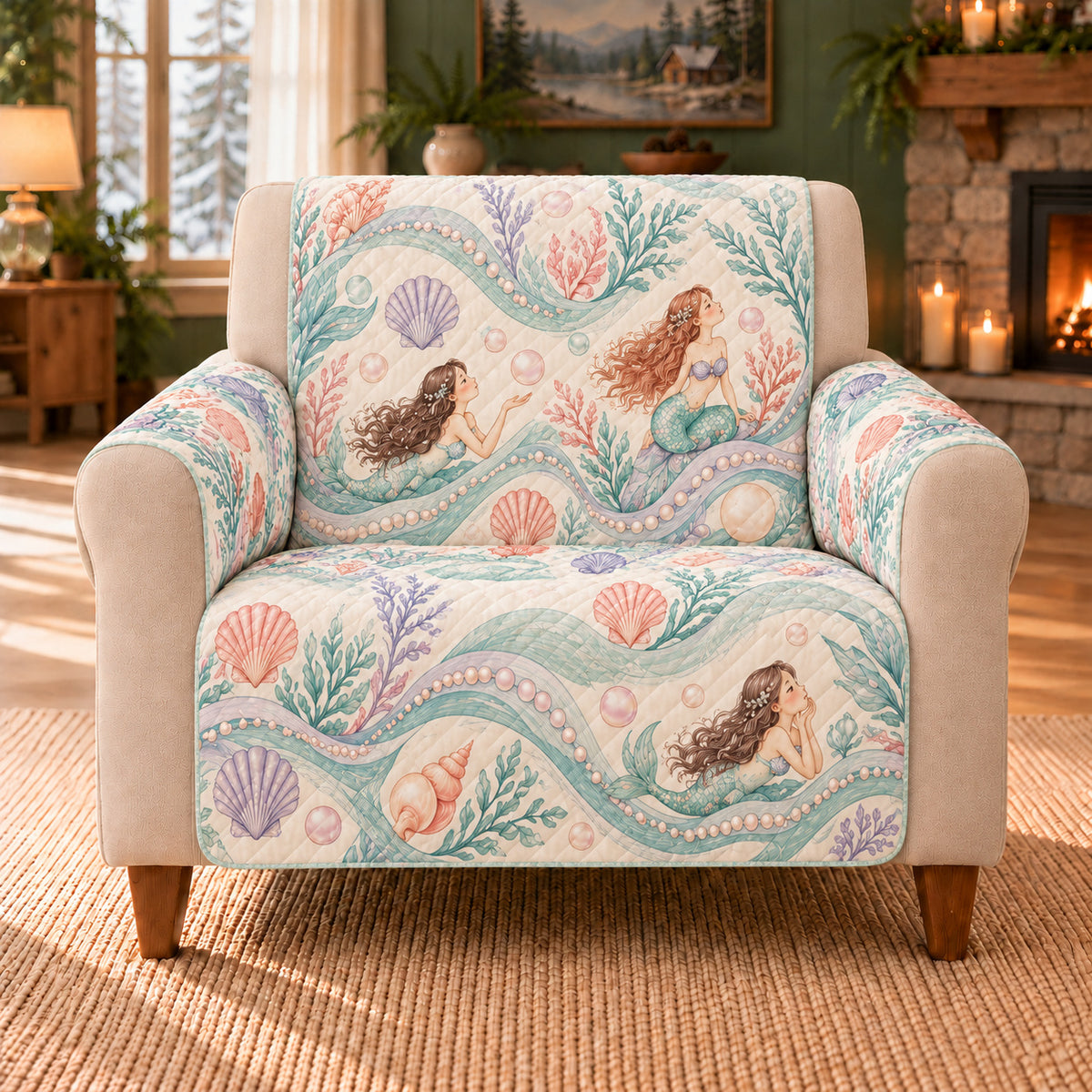 Pearl Orchard Waves sofa cover on a beige armchair