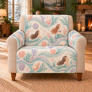 Pearl Orchard Waves sofa cover on a beige armchair