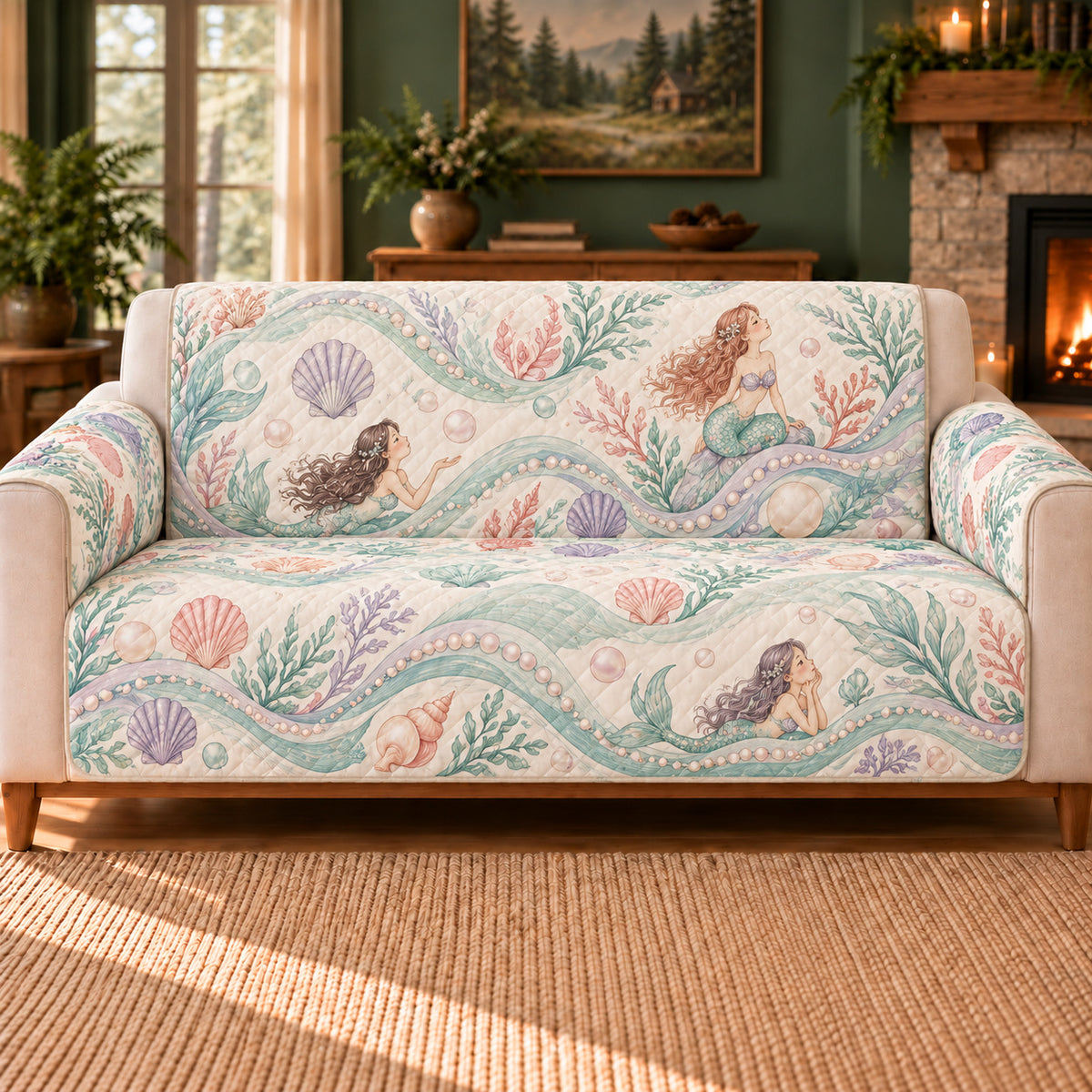 Pearl Orchard Waves sofa cover on a beige sofa