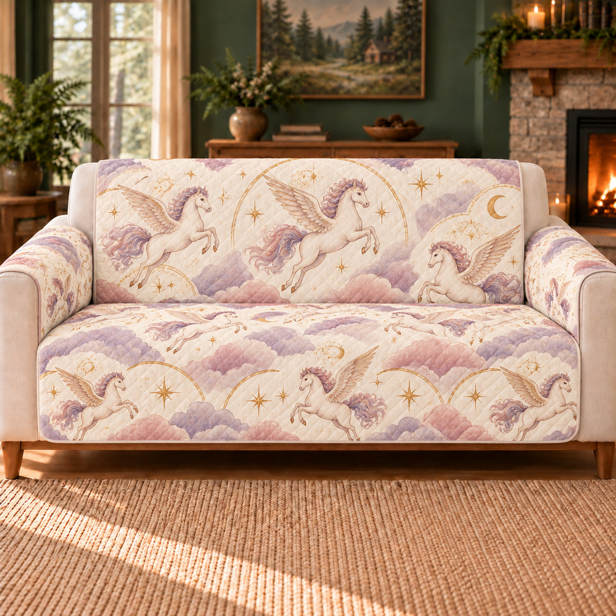 Pegasus Cloud Arches sofa cover on a beige sofa