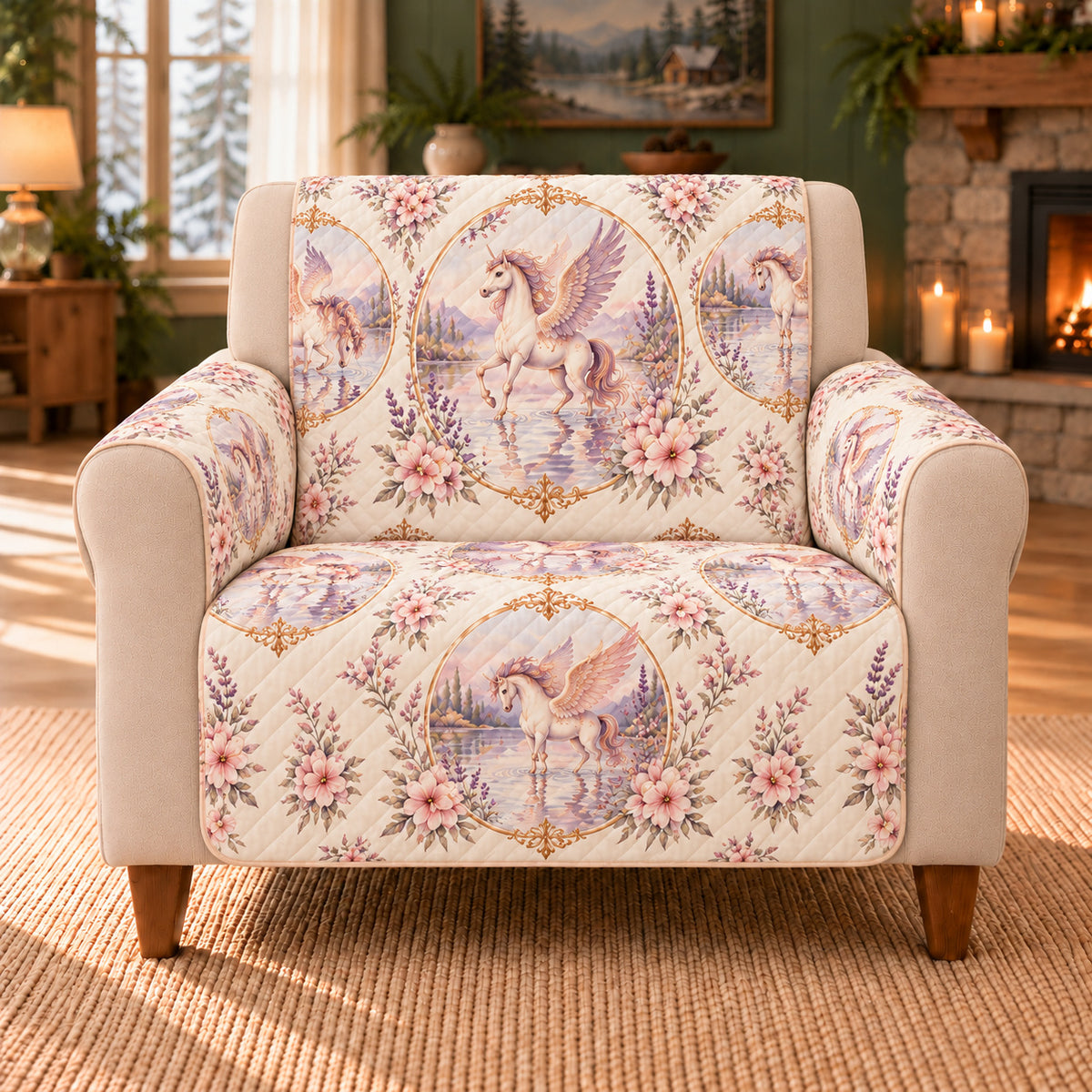 Pegasus Spring Reflections sofa cover on a beige armchair