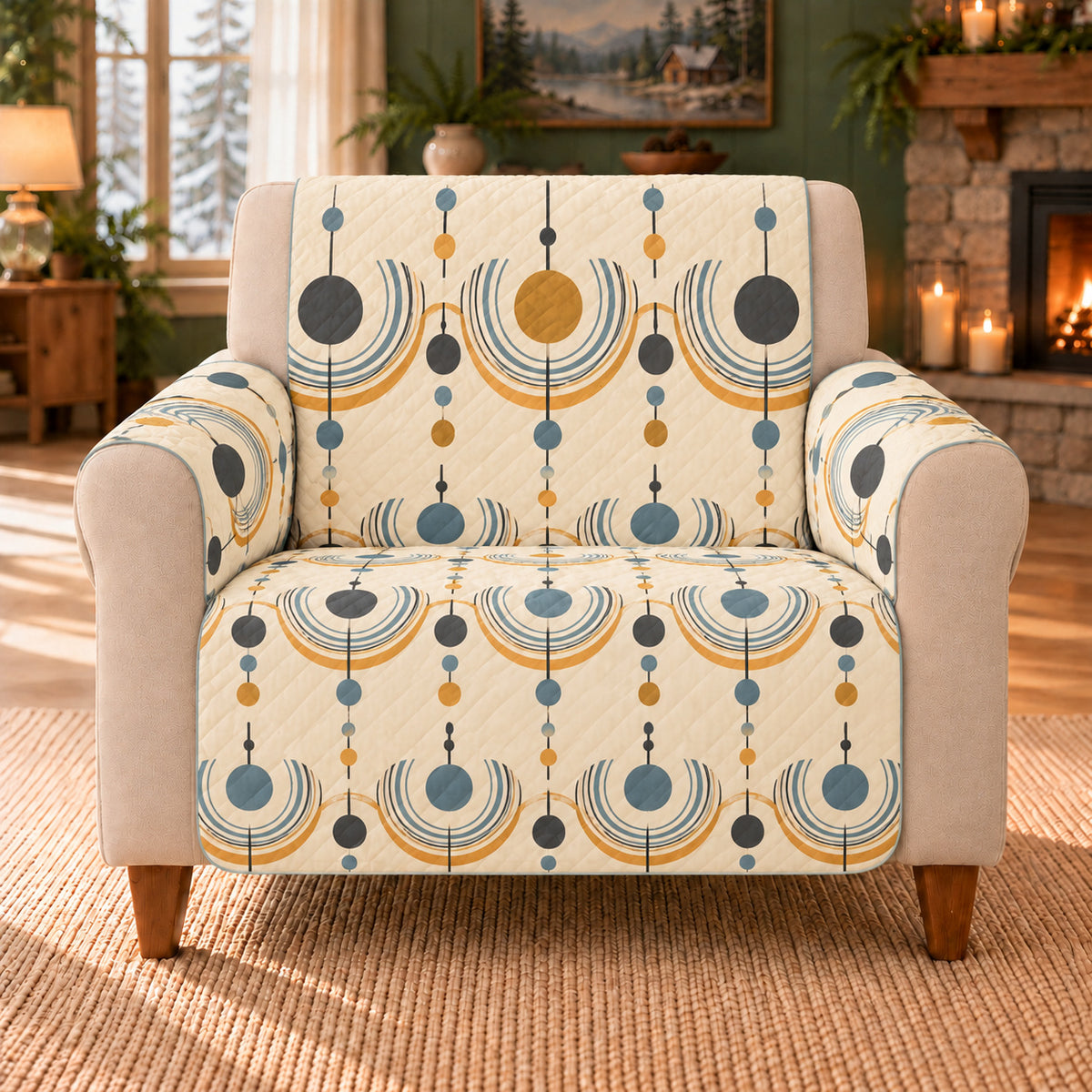 Pendulum Arc Repeat sofa cover on a beige armchair