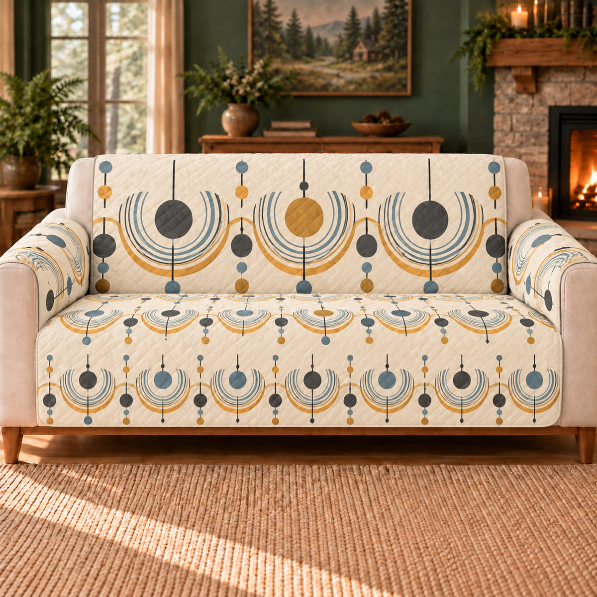 Pendulum Arc Repeat sofa cover on a beige sofa