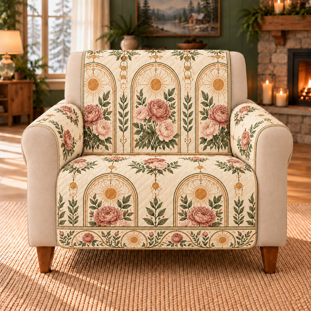 Peony Sun Arcade sofa cover on a beige armchair
