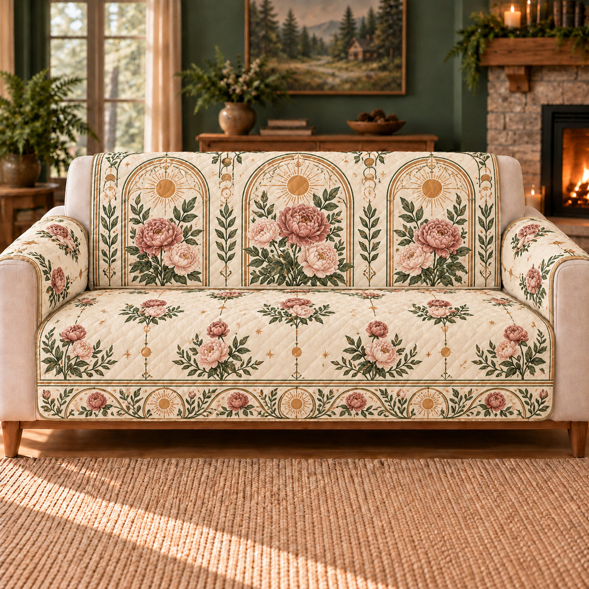 Peony Sun Arcade sofa cover on a beige sofa