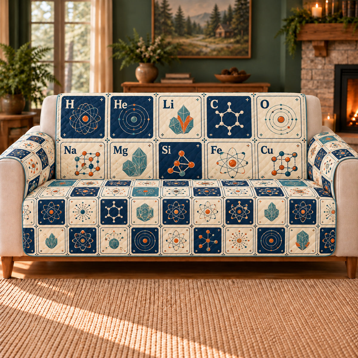 Periodic Element Tile Rhythm sofa cover on a beige sofa
