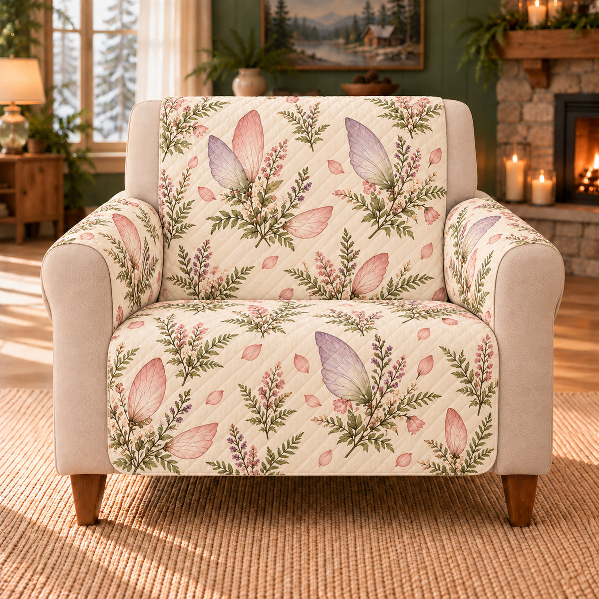 Petalwing Sprig Dance sofa cover on a beige armchair