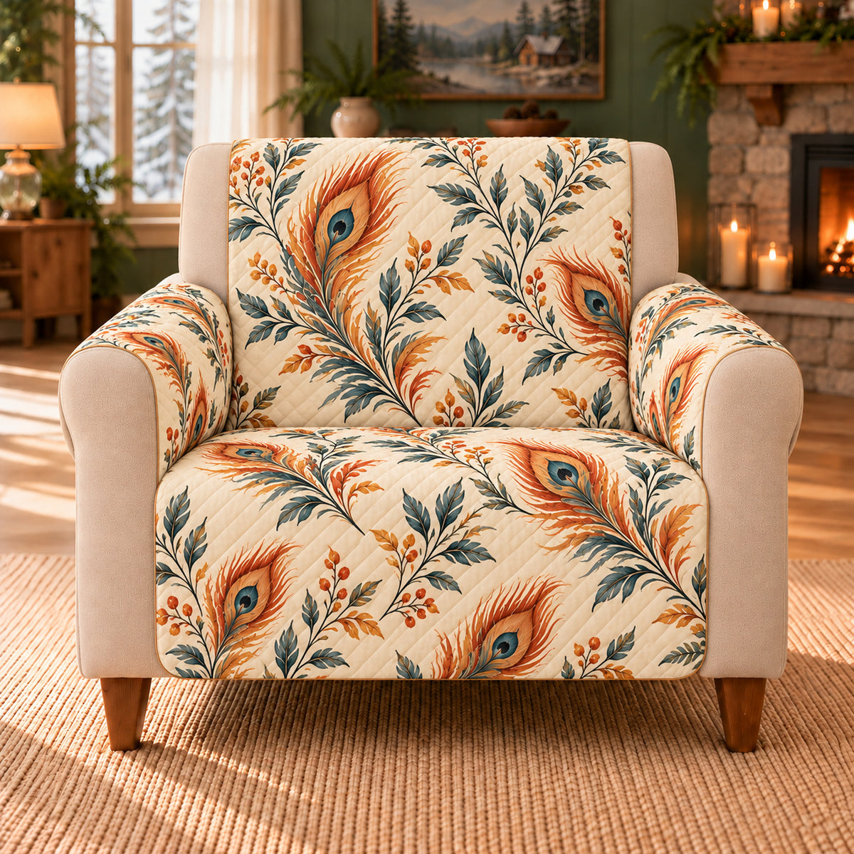 Phoenix Feather Sprigs sofa cover on a beige armchair