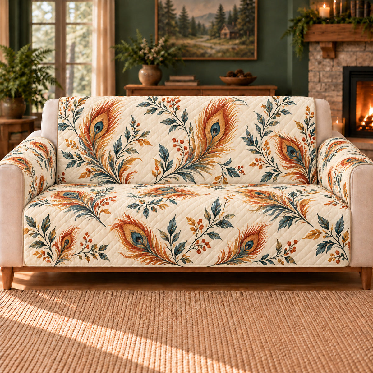 Phoenix Feather Sprigs sofa cover on a beige sofa