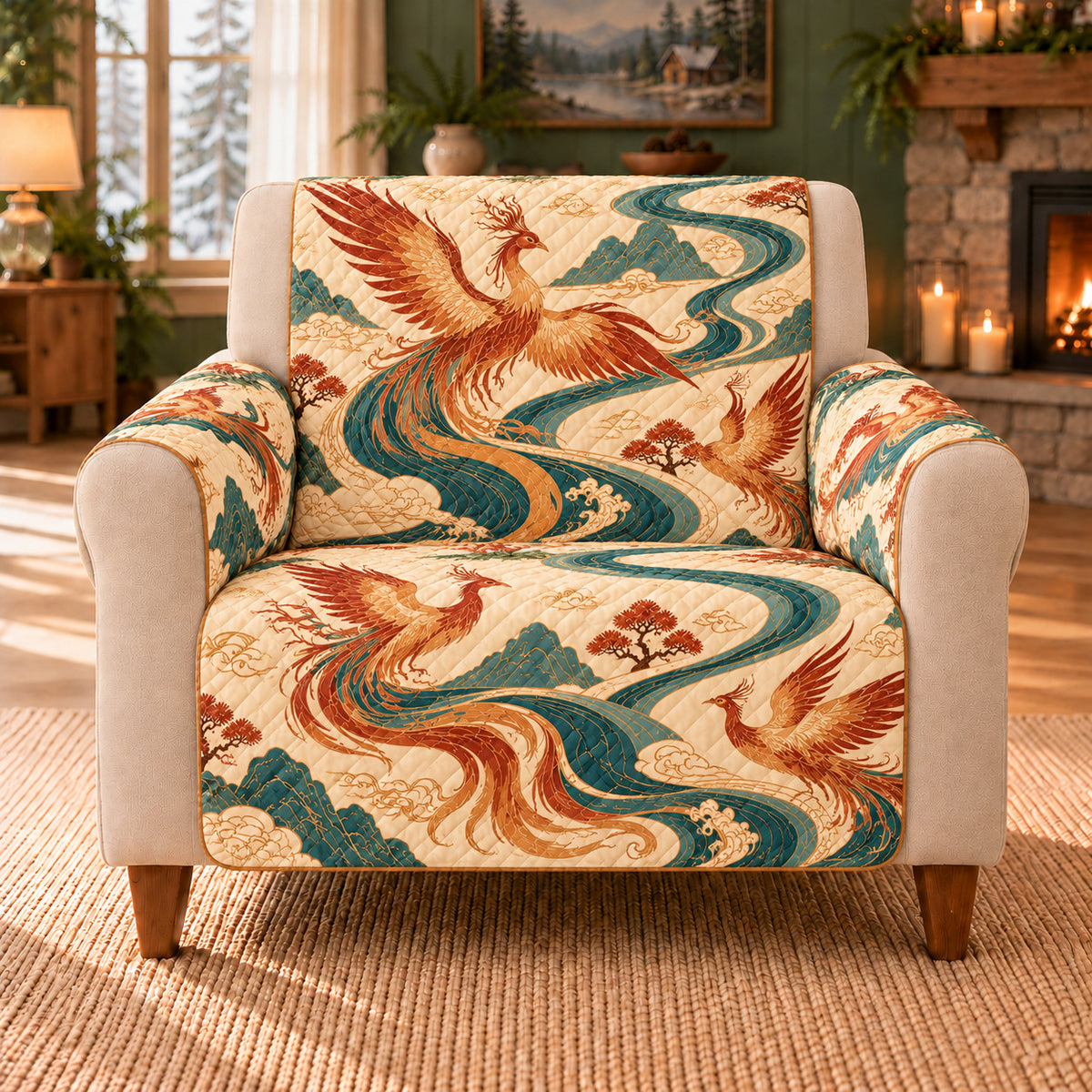 Phoenix Water Ribbons sofa cover on a beige armchair