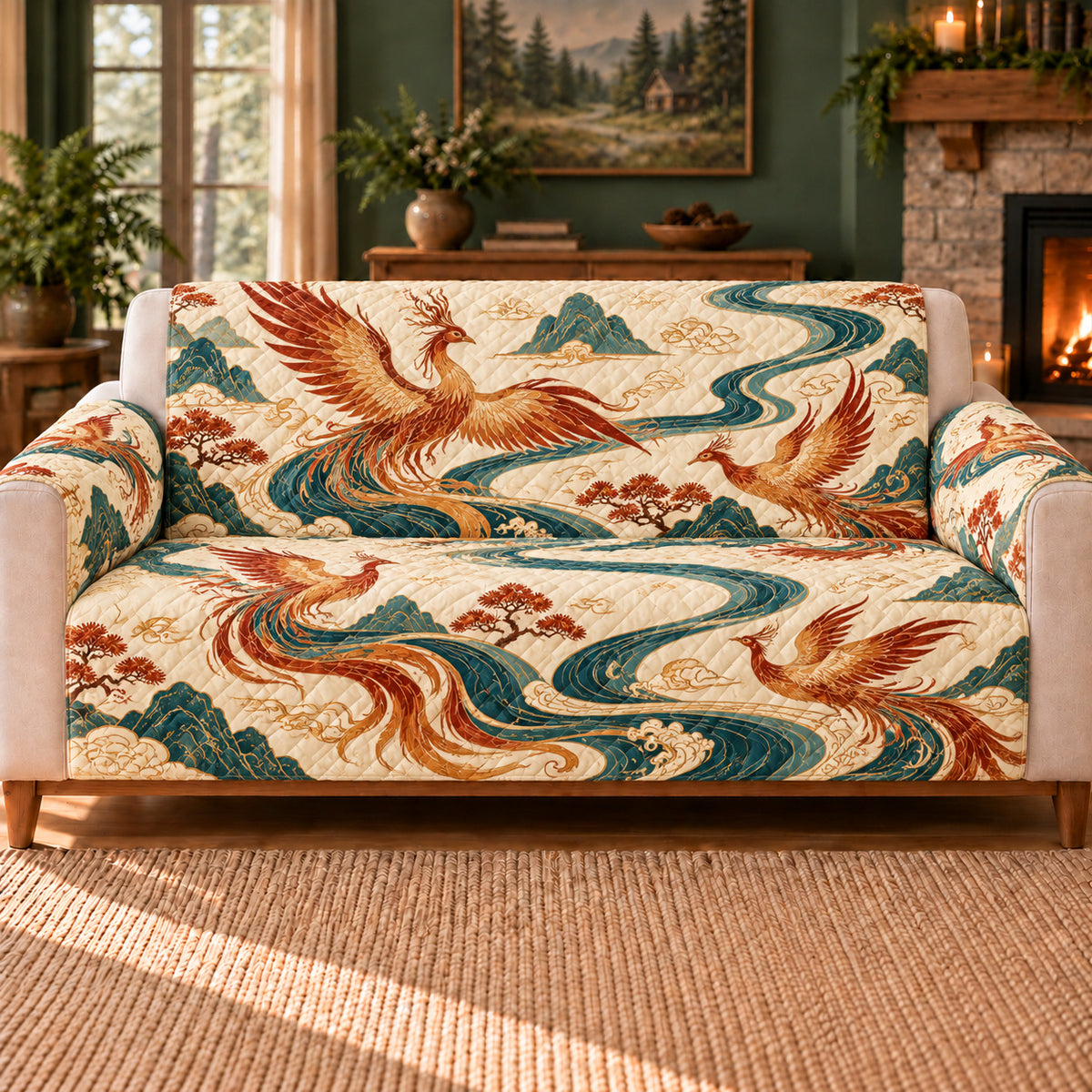 Phoenix Water Ribbons sofa cover on a beige sofa