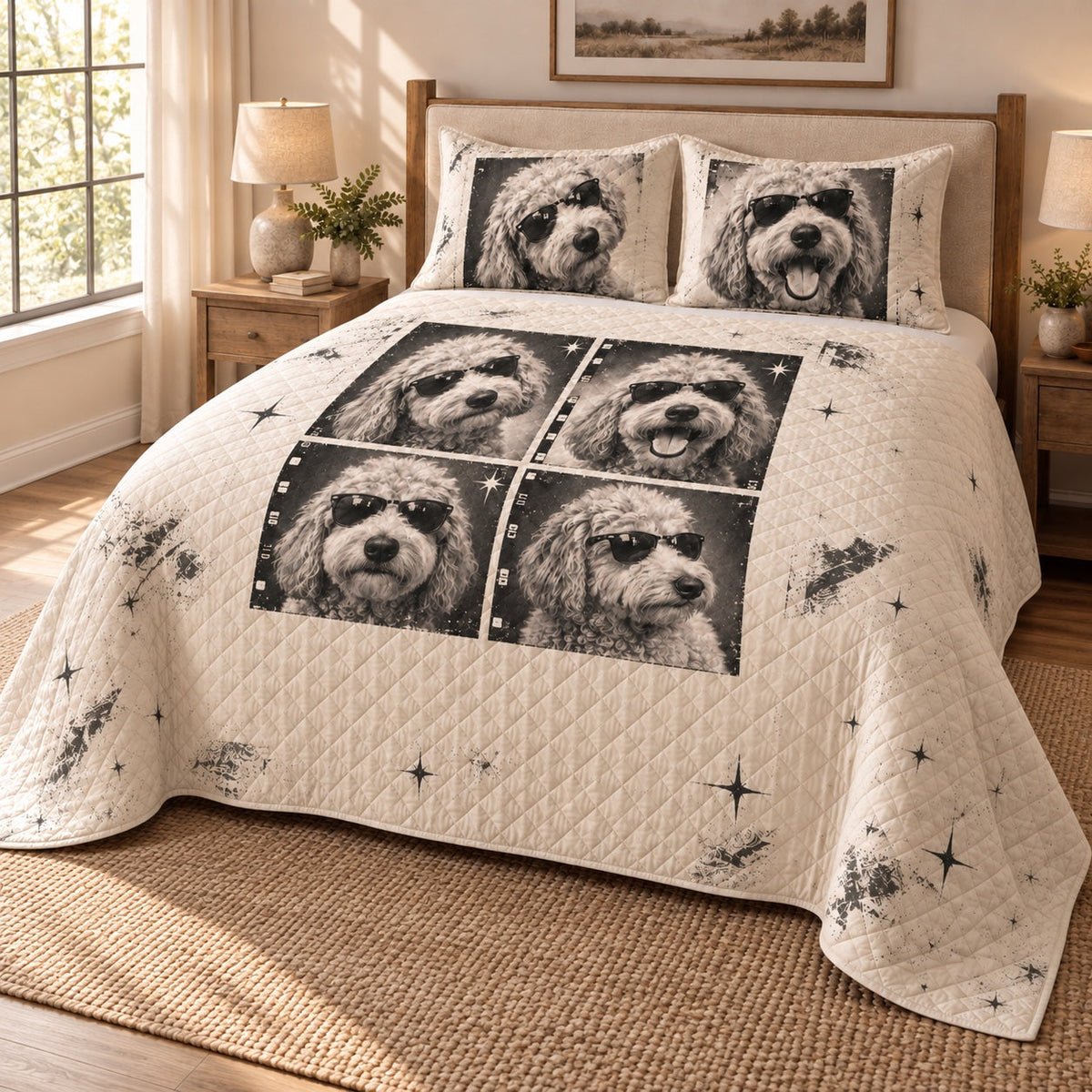 Photobooth Doodle Goldendoodle Quilt Set, angled Goldendoodle bedroom view