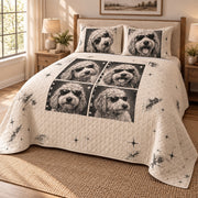 Photobooth Doodle Goldendoodle Quilt Set, angled Goldendoodle bedroom view