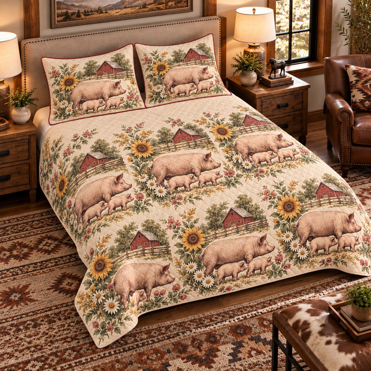 Pig and piglet country toile quilt set — 01-hero-left-angle