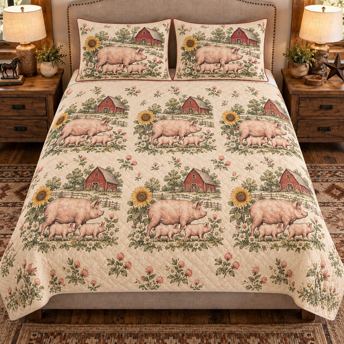 Pig and piglet country toile quilt set — 02-front