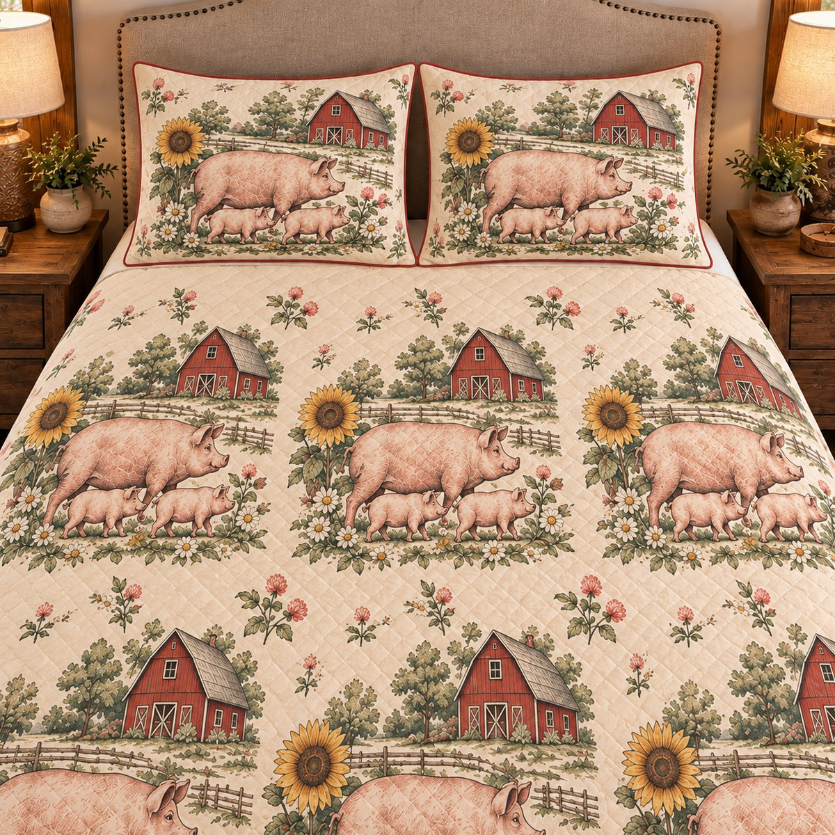 Pig and piglet country toile quilt set — 03-closeup