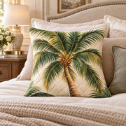 Palm Tree quilted throw pillow, AI-generated bedroom mockup