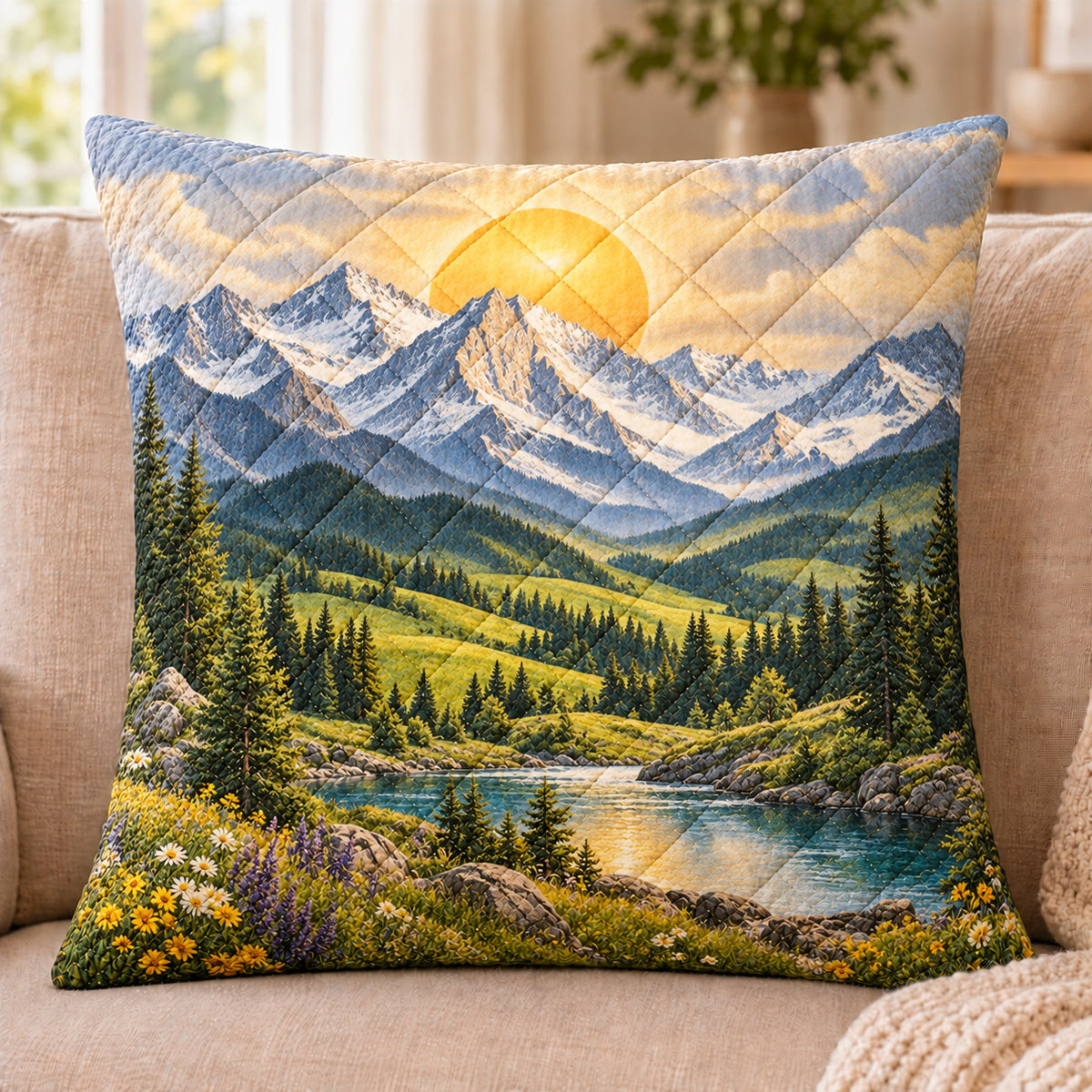 Mountain Landscape quilted throw pillow, AI-generated sofa mockup