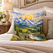 Mountain Landscape quilted throw pillow, AI-generated bedroom mockup