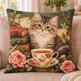 Cat Books and Tea Quilted Throw Pillow, Cozy Reading Decor, Gift for Cat Lovers