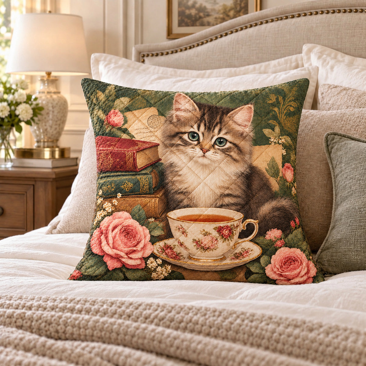 Cat Books and Tea quilted throw pillow, AI-generated bedroom mockup