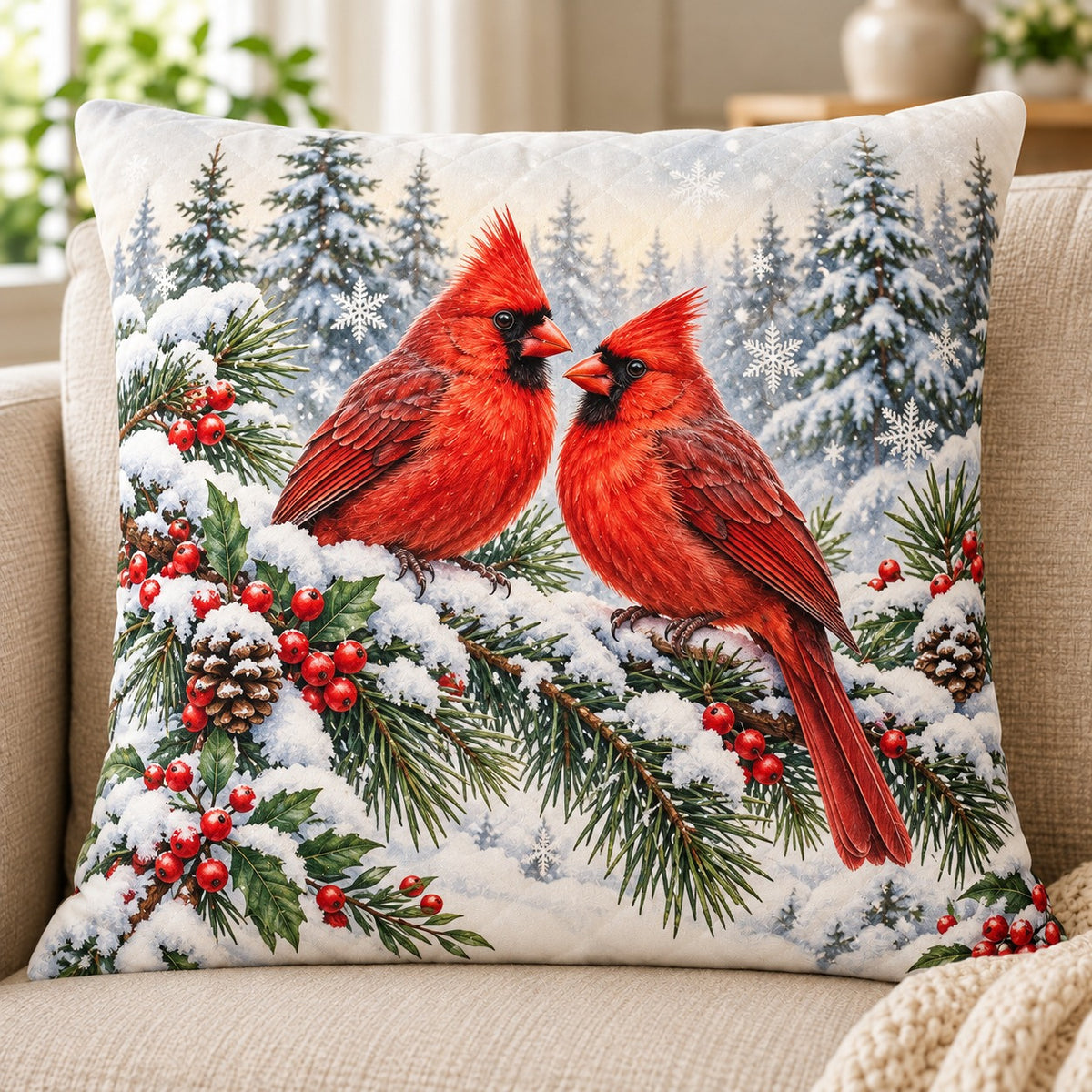 Winter Cardinal Pair Quilted Throw Pillow, Snowy Bird Home Decor, Gift for Cardinal Lovers