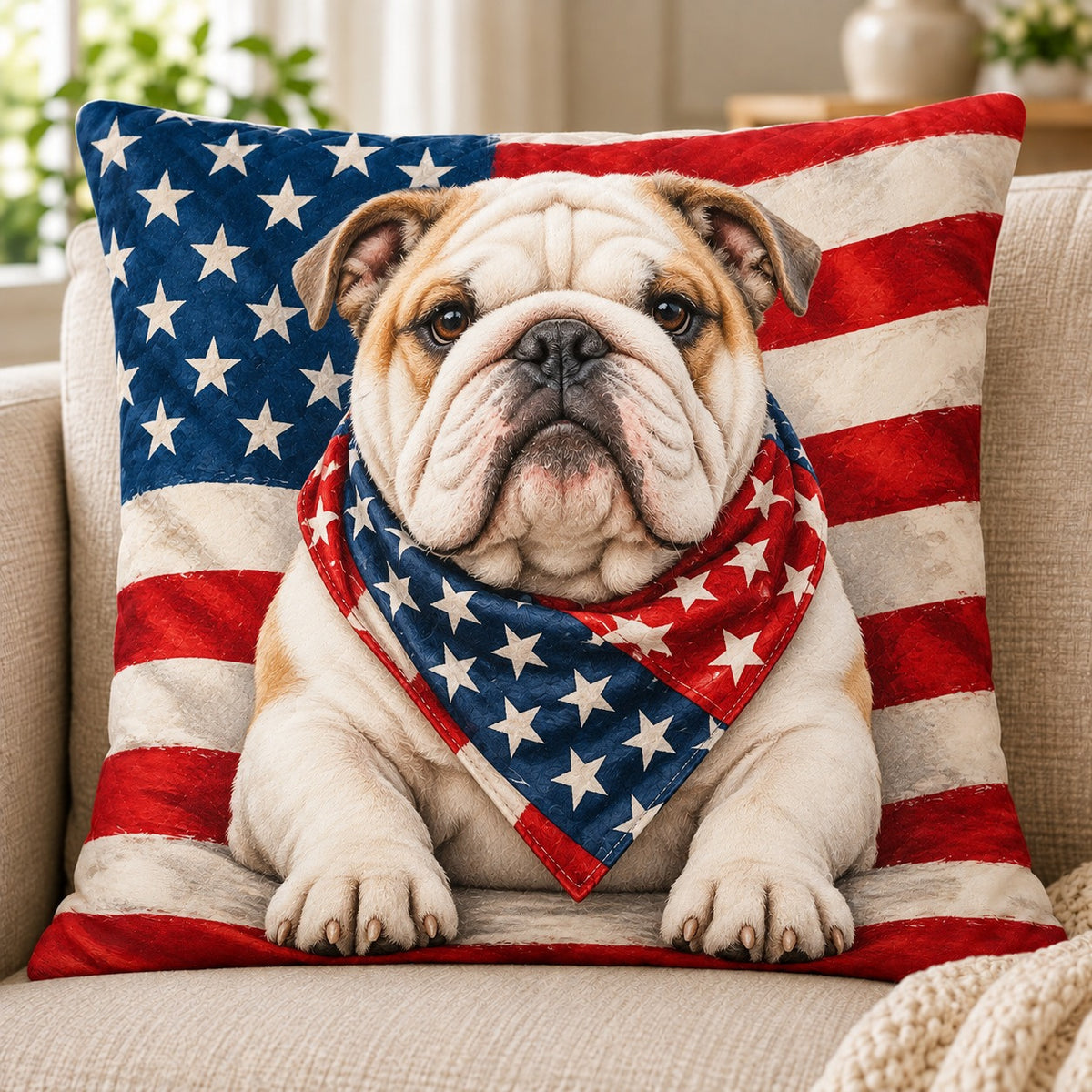 Patriotic Bulldog Quilted Throw Pillow, American Flag Home Decor, Gift for Bulldog Lovers