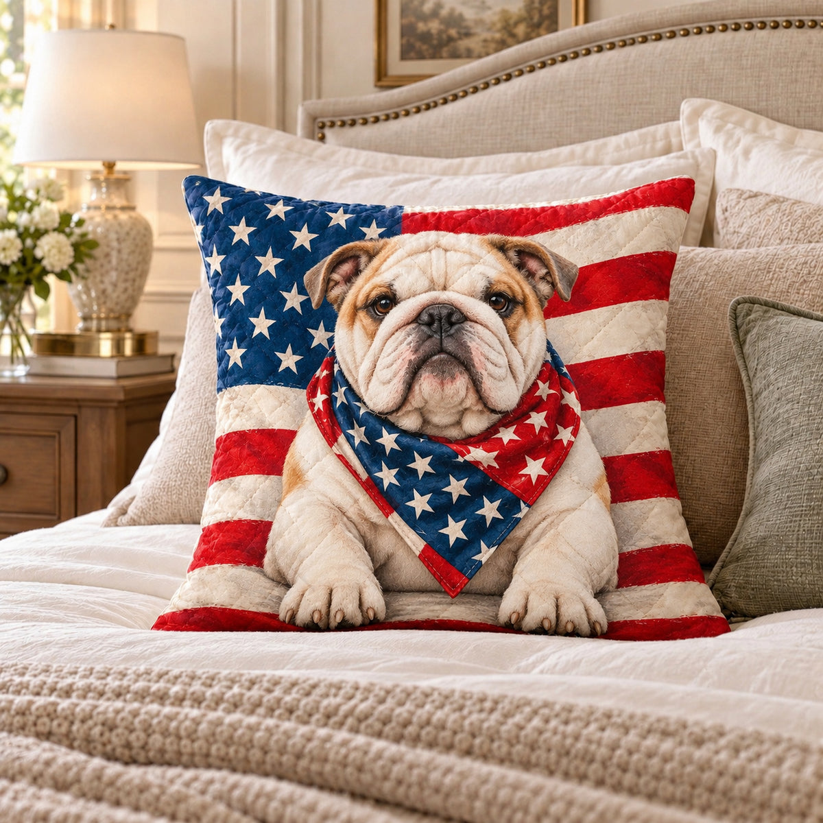Patriotic Bulldog quilted throw pillow, AI-generated bedroom mockup