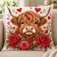 Highland Cow Roses Quilted Throw Pillow, Romantic Farmhouse Decor, Gift for Cow Lovers